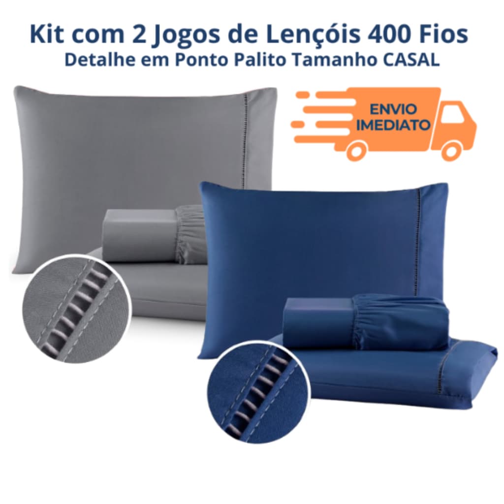 Kit 2 Jogos Lençol Casal 6 Peças 400 Fios Hiper Luxo Elástico por Toda a Volta E Fronha Ponto Palito