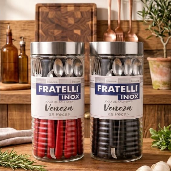 Jogo de Talheres 25 Peças Inox com Pote Vidro Organizador Prático Promoção