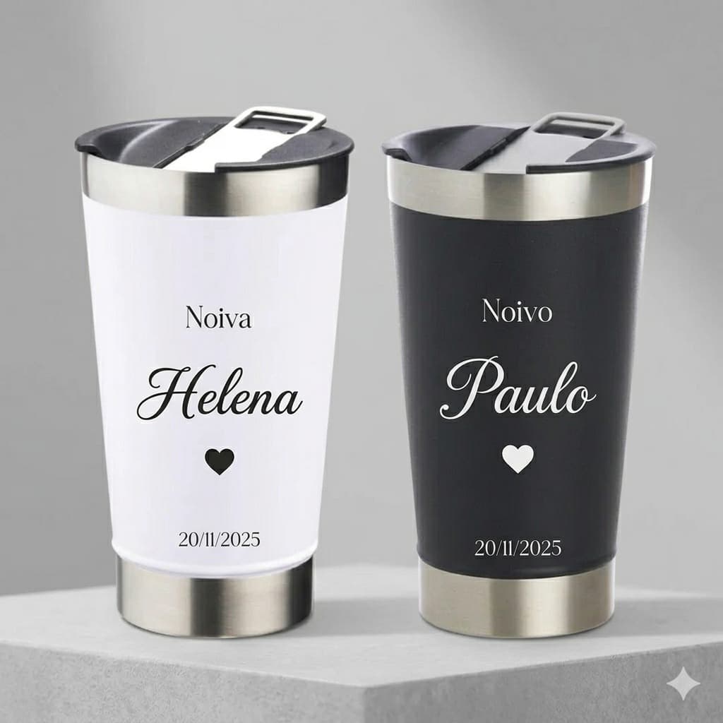 Kit 2 Copos Térmico  Personalizado Casamento Nome Data Aço Inox 473ml