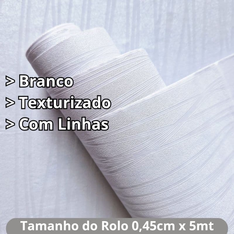 Papel de Parede Texturizado 3D Linha Branco Auto Colante 5 MT X 45cm Lavável PVC para Sala Quarto