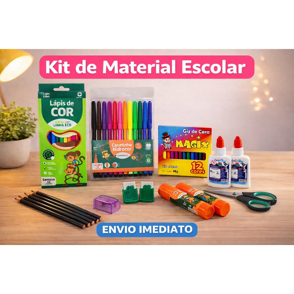 COMBO DE KIT DE MATERIAL ESCOLAR INFANTIL+LAPIS DE COR + CANETINHA + GIZ DE CERA + LAPIS DE ESCREVER
