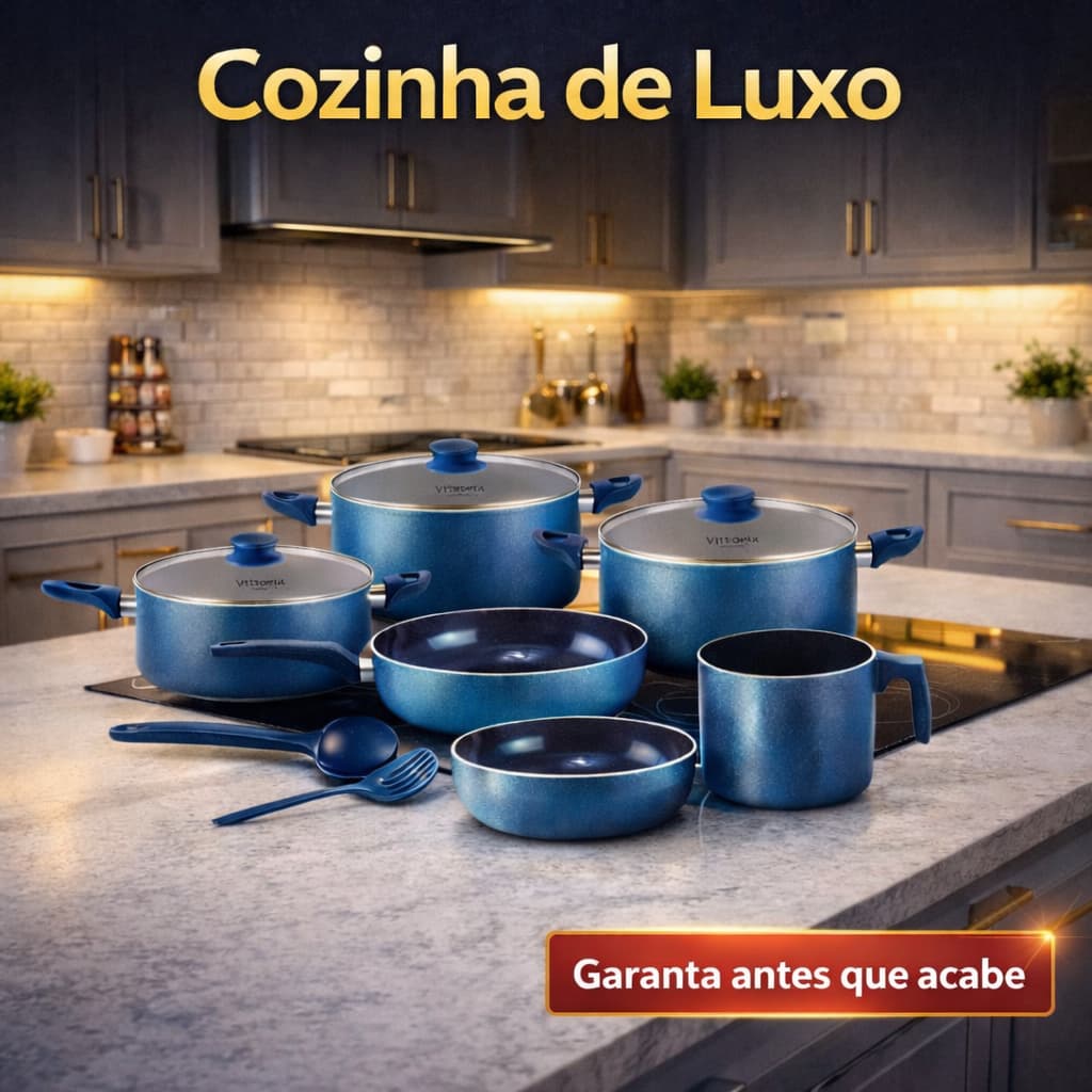 Jogo de Panelas Antiaderente 9 Peças Vittoria Azul Premium Não Gruda Fácil Limpeza