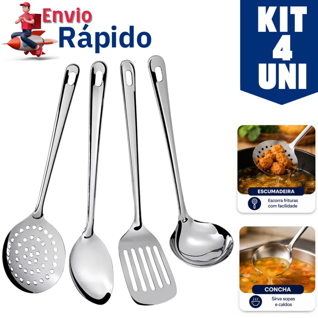 Kit 4,3 ou 2 Utensílios Cozinha Inox Escumadeira Concha Espátula Colher Resistente Profissional