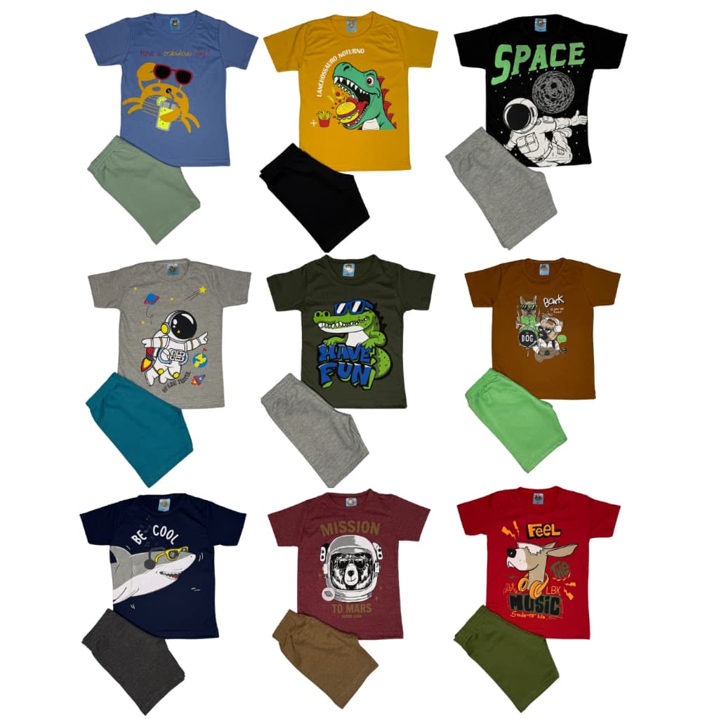 Kit 4 Peças Sortido Roupa Infantil Menino Verão 2 Camisas 2 Bermudas TAM 1 ao 8 Estampadas