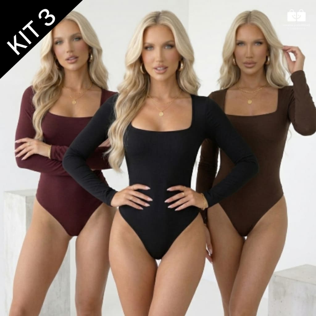 Kit 3 Body Feminino Manga Longa Decote Quadrado Suplex Premium Forrado Elegante Casual