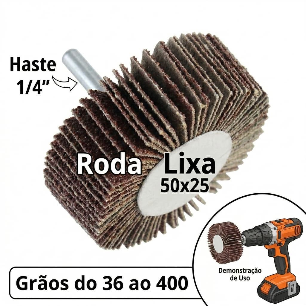 Roda de Lixa com Haste 1/4" 50x25mm Grãos 36 a 400 Para Furadeira Parafusadeira e Retífica - Alta Qualidade