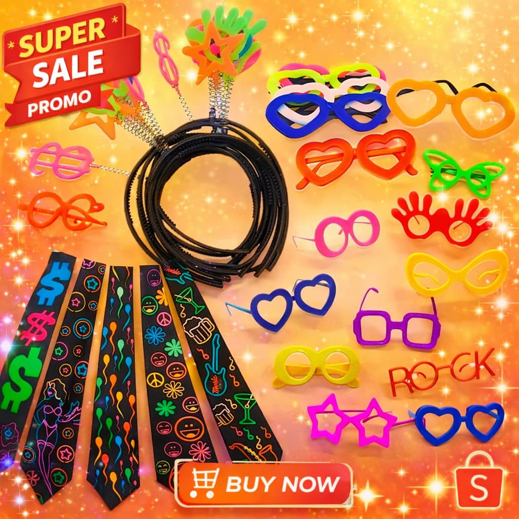 Kit 30 Itens Balada Neon: 10 Tiaras, 10 Gravatas, 10 Óculos – Ideal para Casamento Confraternização e Festas Temáticas