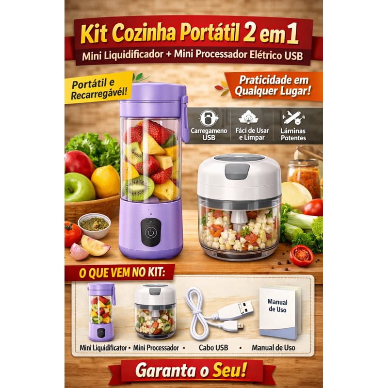 Mini Liquidificador Portátil USB + Processador Elétrico Recarregável Cozinha Fitness
