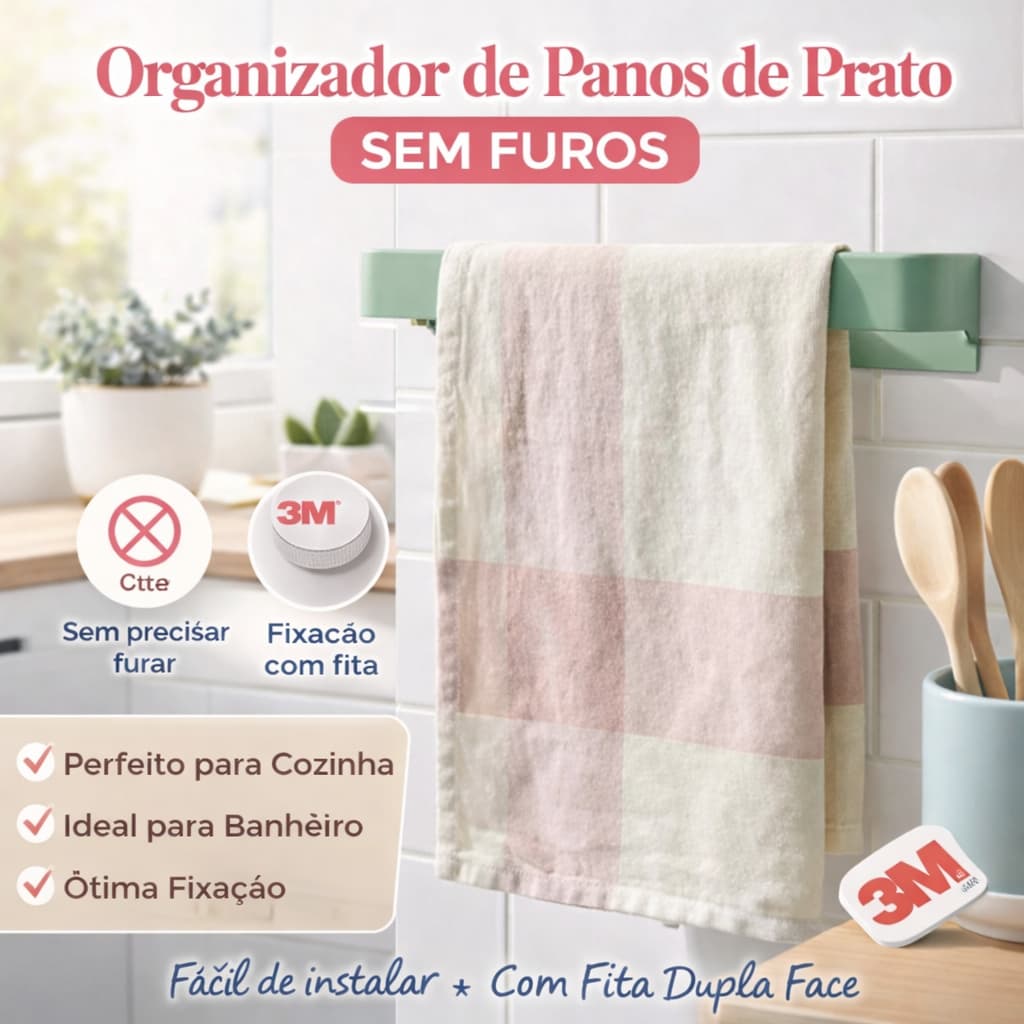Suporte Organizador de Pano de Prato Sem Furos com Fita Dupla Face Porta Toalha Cozinha Banheiro Fácil Instalaçã