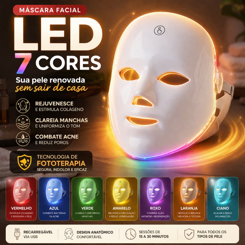 Máscara LED Facial 7 Cores Fototerapia Rejuvenescimento Anti Acne Clareamento Poros Profissionais
