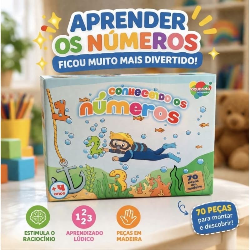 Jogo Pedagógico Conhecendo os Números 70 peças madeira  Marca Aquarela Brinquedos