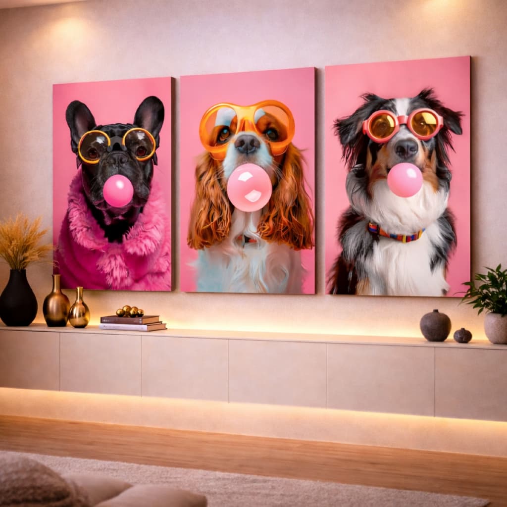 Quadro Decorativo Cachorro Cães Chiclete Moderno Colors Estilosos 3 Peças
