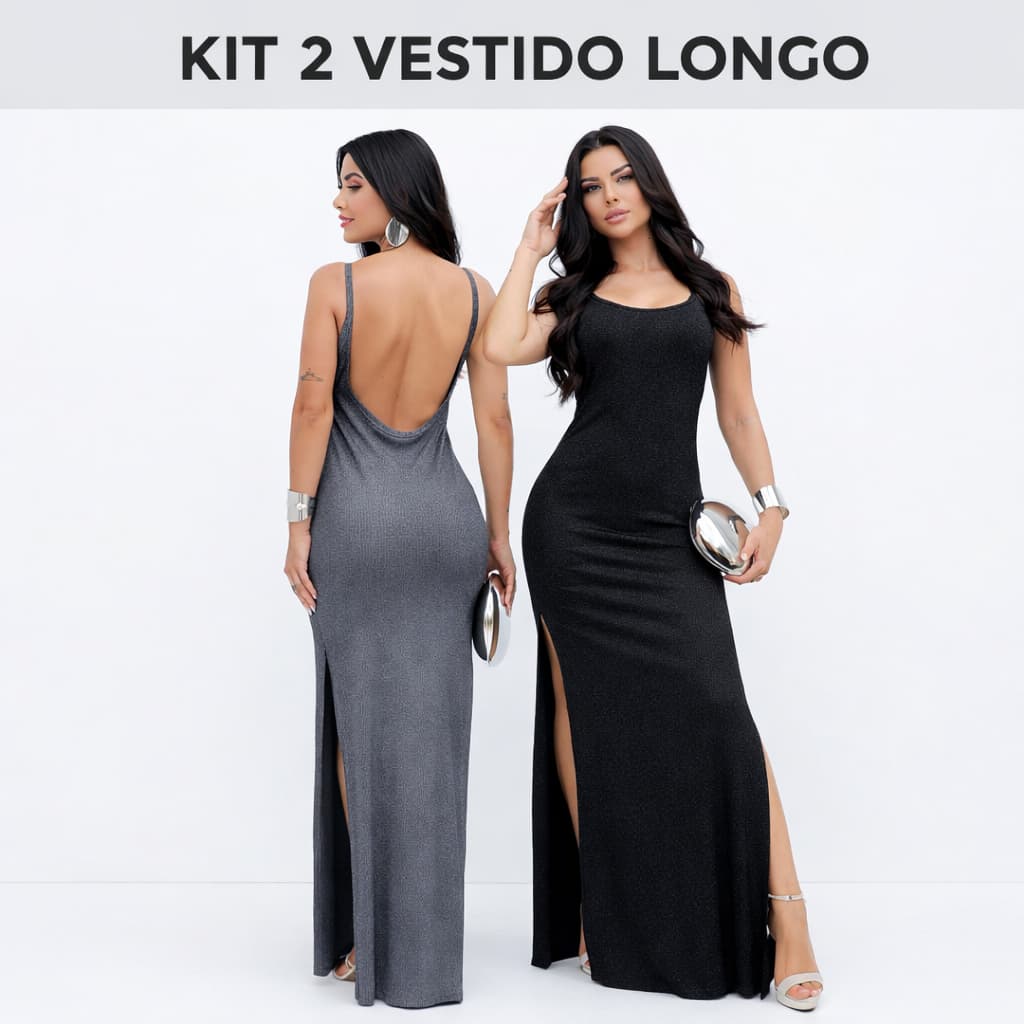 kit 2 Vestido Longo Feminino com  Bojo Costa Nua Fenda Lateral Canelado casual e Elegante Verão