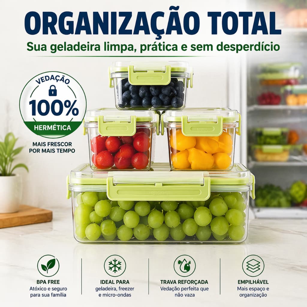 Kit 5 Recipientes Plastico Hermeticos Tampos Organizadores Cozinha Casa