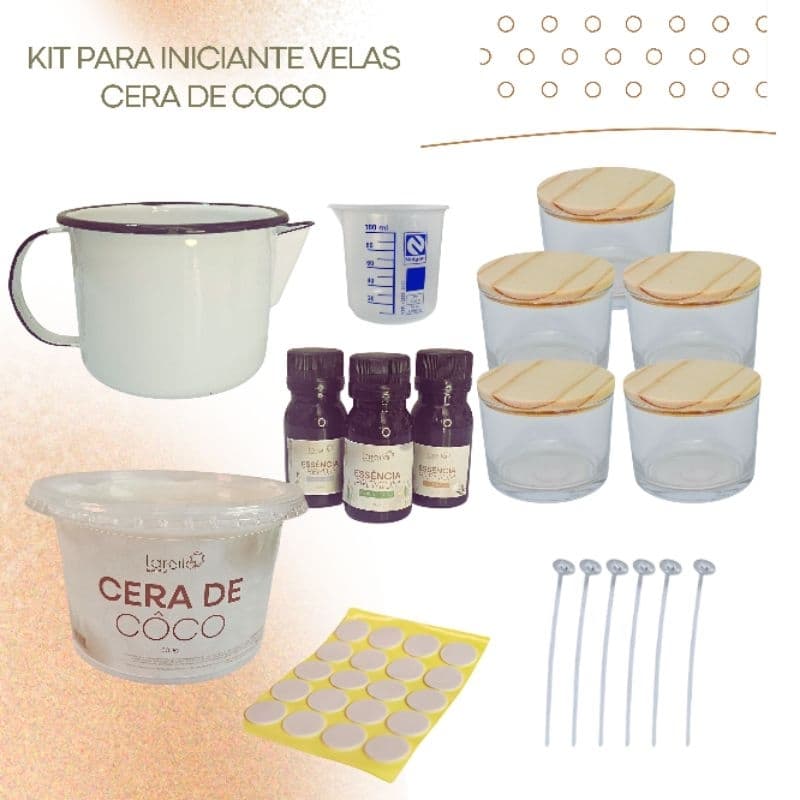 Kit Iniciante para Fazer Velas Aromáticas | Cera de Coco 500g + 3 Essências 30ml + Utensílios