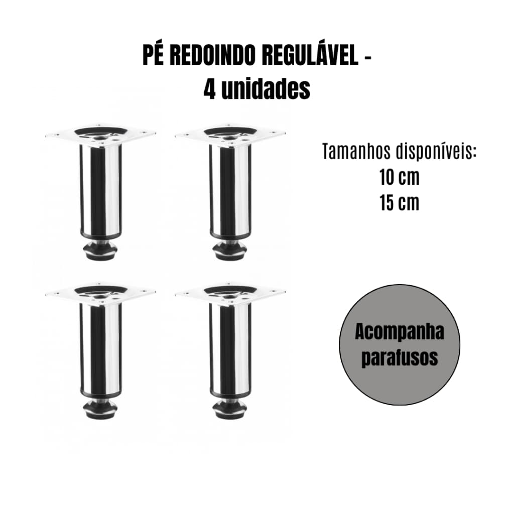 Kit com 4 UNDs de Pés Regulável Para Móveis Cromado Regulável - - RedondoTAM: de 10cm/ 15cm