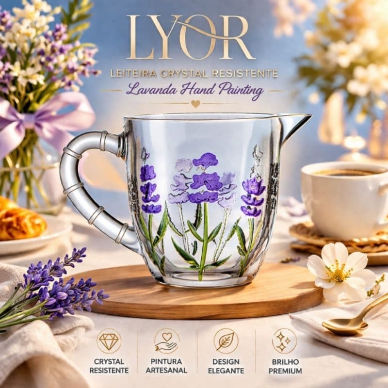 Leiteira Cristal 240ml Desenho Flores Lavanda Bule Para Leite Cha Cafe Elegante Luxo Cozinha Sofisticada Premium Mães