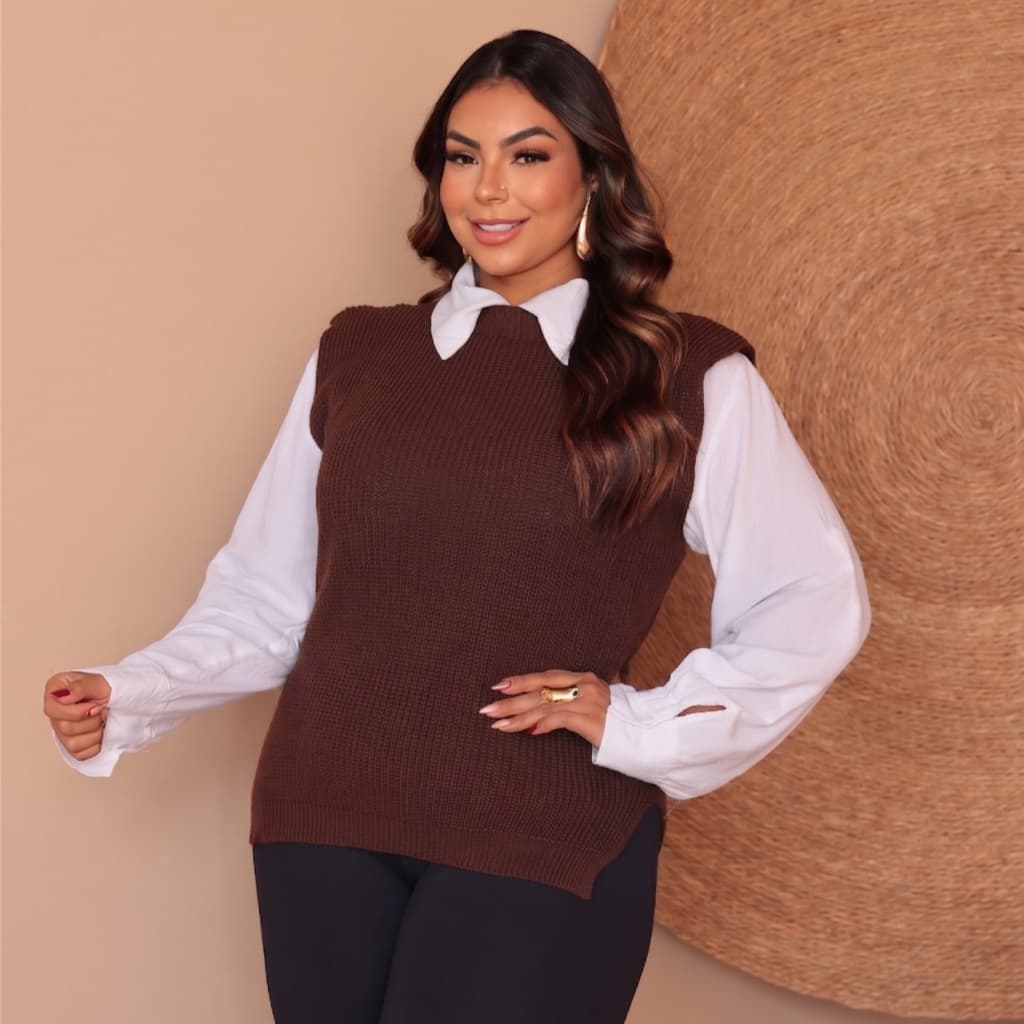 Blusa Pulôver Plus Size Colete Feminino Tricô com Fenda Outono Inverno