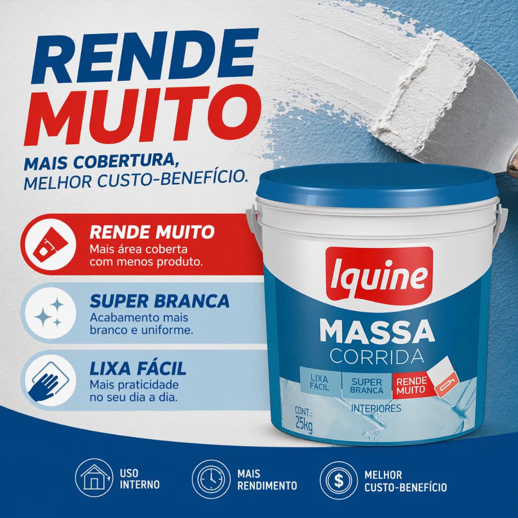 Massa Corrida Premium PVA Iquine Acabamento Nivelador Fácil Aplicação 5kg e 25kg