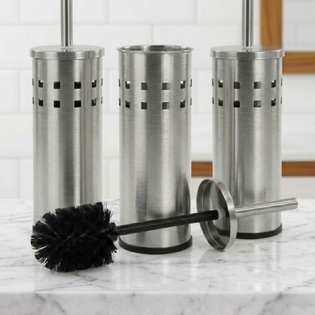 Kit 3 Escovas Sanitárias Inox com Suporte de Chão Vaso Sanitário Banheiro Higiênico