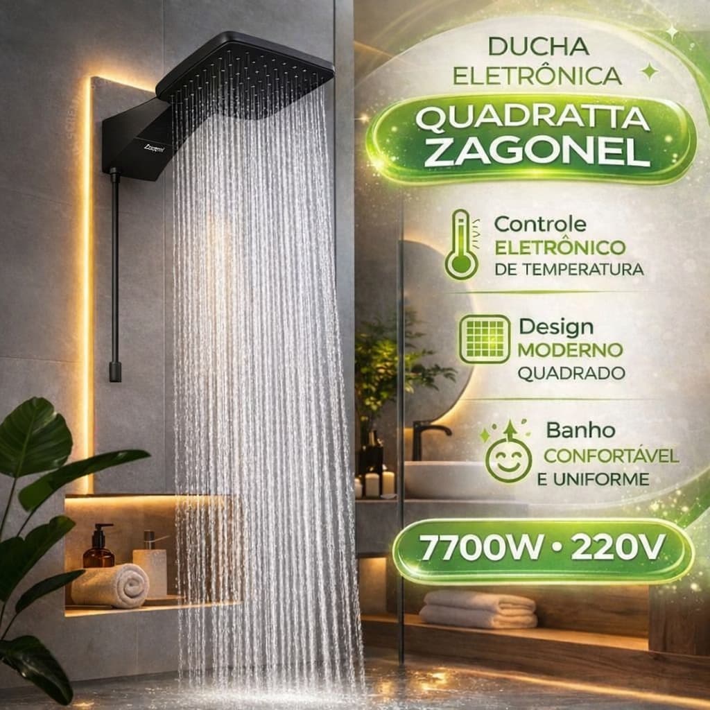 Ducha Zagonel Quadratta Preto 220V 7700W Chuveiro Elétrico Potente Design Moderno