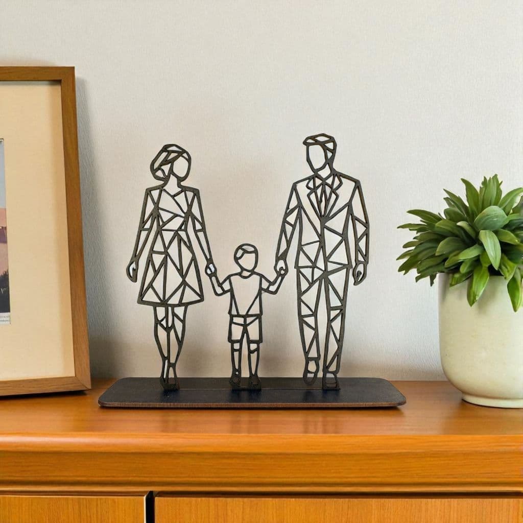 Decoração Moderna para Casa: Enfeite Família Geométrica Preto com Base de Apoio, Silhueta Pai Mãe Filho