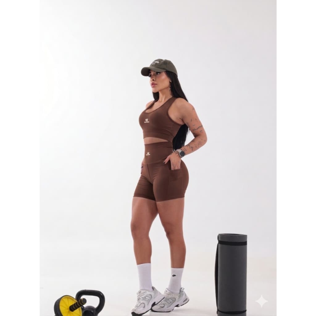 Conjunto Academia Marrom Feminino Short e Top Fitness Cintura Alta Suplex Premium