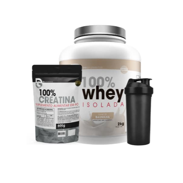 Kit 100% Whey Isolada 2kg + 100% Creatina Pura 600g + Coqueteleira - DG Labs