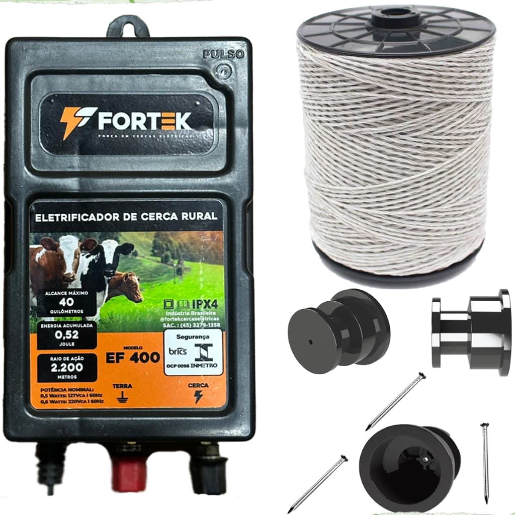 Kit Eletrificador Rural 40 Km Cerca Eletrica Gado Boi + 500m Fio Eletroplástico 50 Isolador Roldana