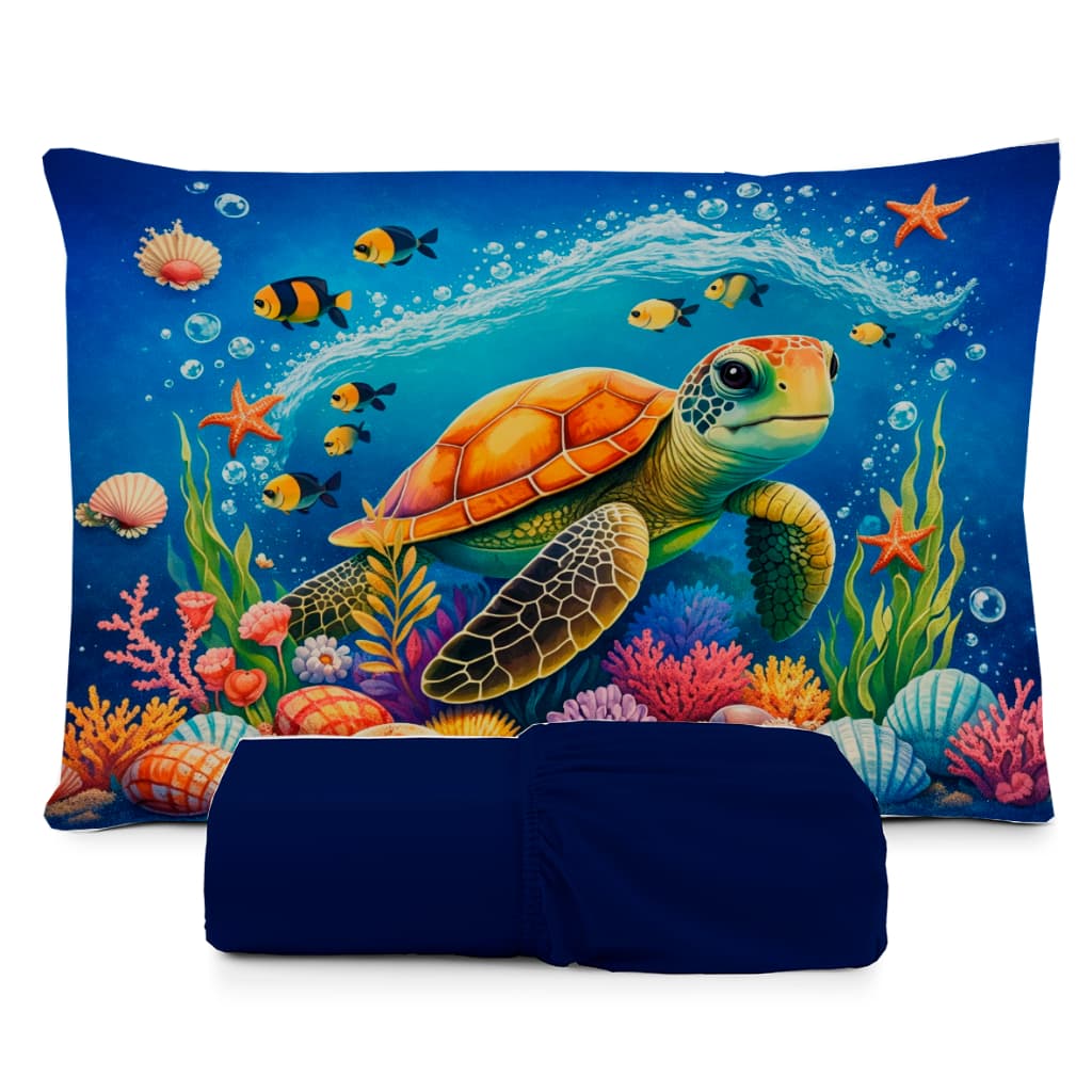 JOGO DE LENÇOL SOLTEIRO INFANTIL TARTARUGA FUNDO DO MAR COLORIDO  LENÇOL COM ELASTICO