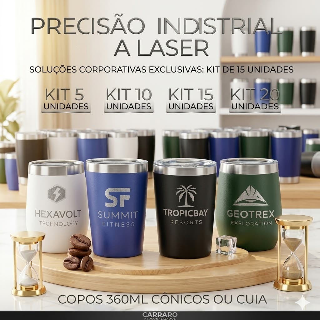 Kit 5, 10, 15 ou 20 Copos Térmicos 360ml Inox – Cônico ou Cuia Personalizado com Gravação a Laser