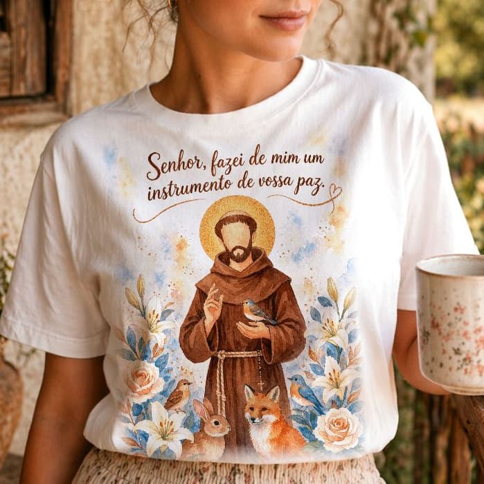 blusa camiseta SÃO FRANCISCO FLORES E FRASE , t-shirt blusinha santo católico gospel cristã plus size