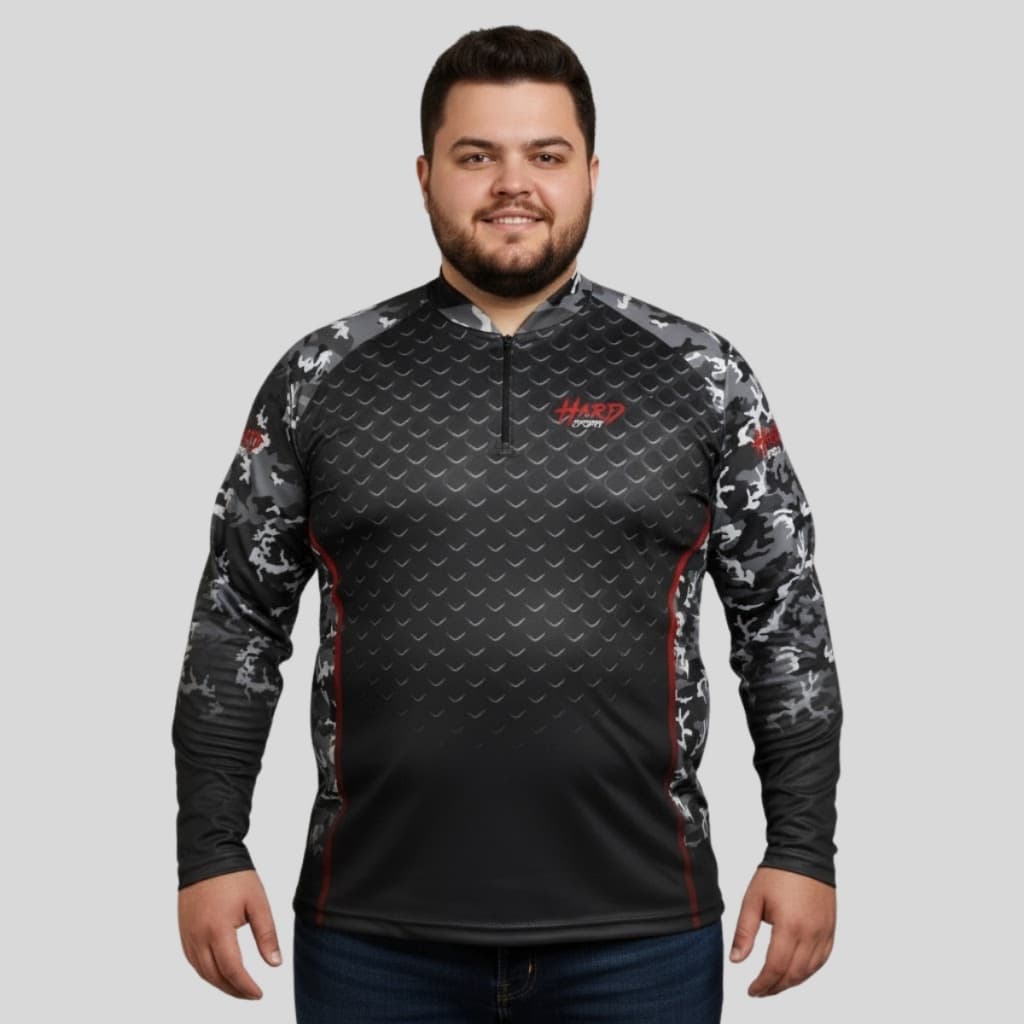 Camisa Hard Fishing Pesca Plus Size Camuflado Preto Com Proteção Uv50+ Leve