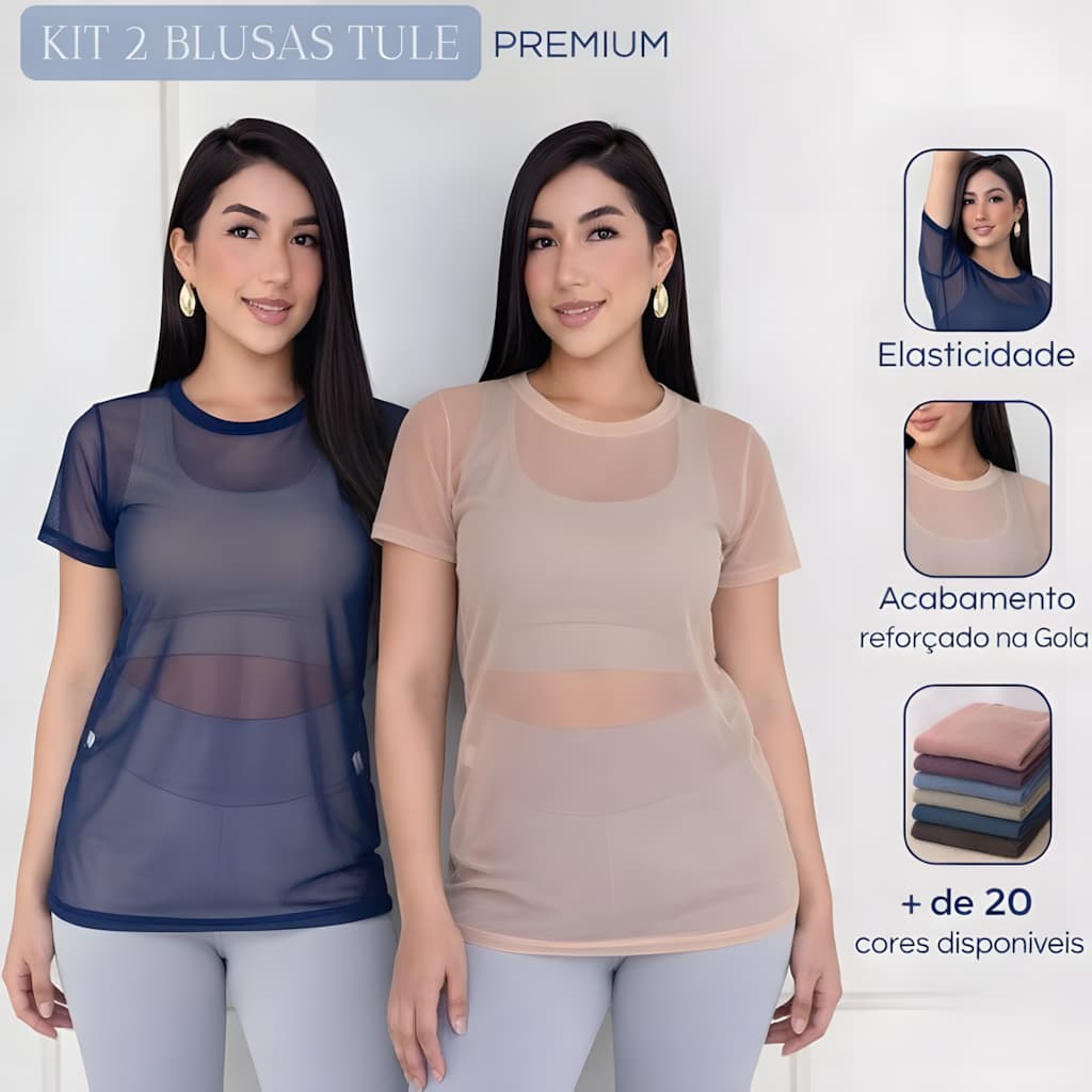 Kit C/ 2 Blusas Transparente De Tule Academia Fitnes