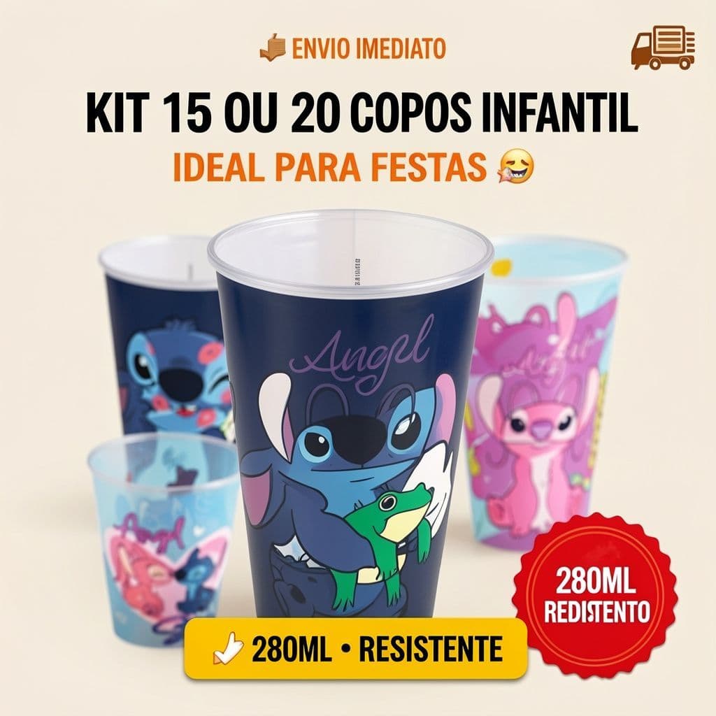 Copos Infantil 280ml Lembrancinha Festa Aniversário Kit 15 ou 20 Porta Doces Escolar Resistente