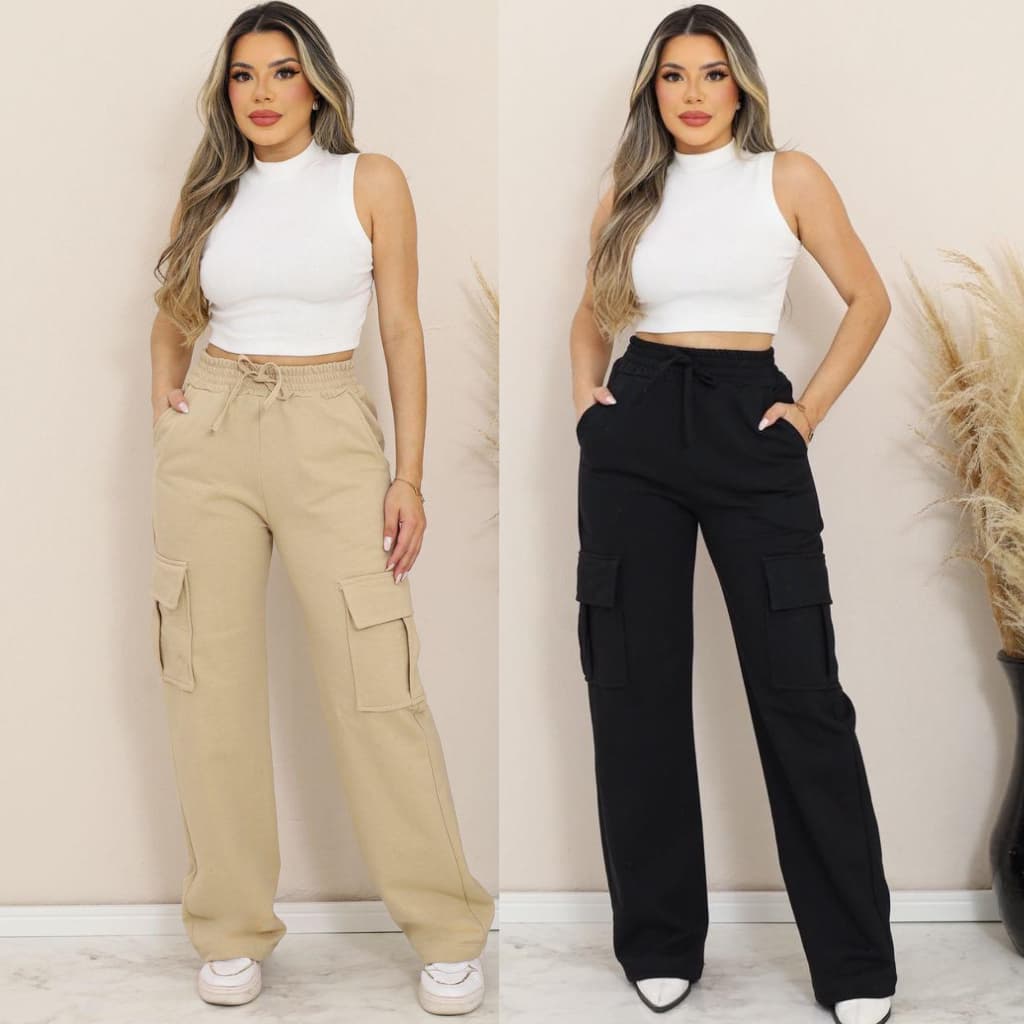 Calça Cargo Feminina Pantalona Wid Leg Moletom Flanelado Cintura Alta Bolso Lateral