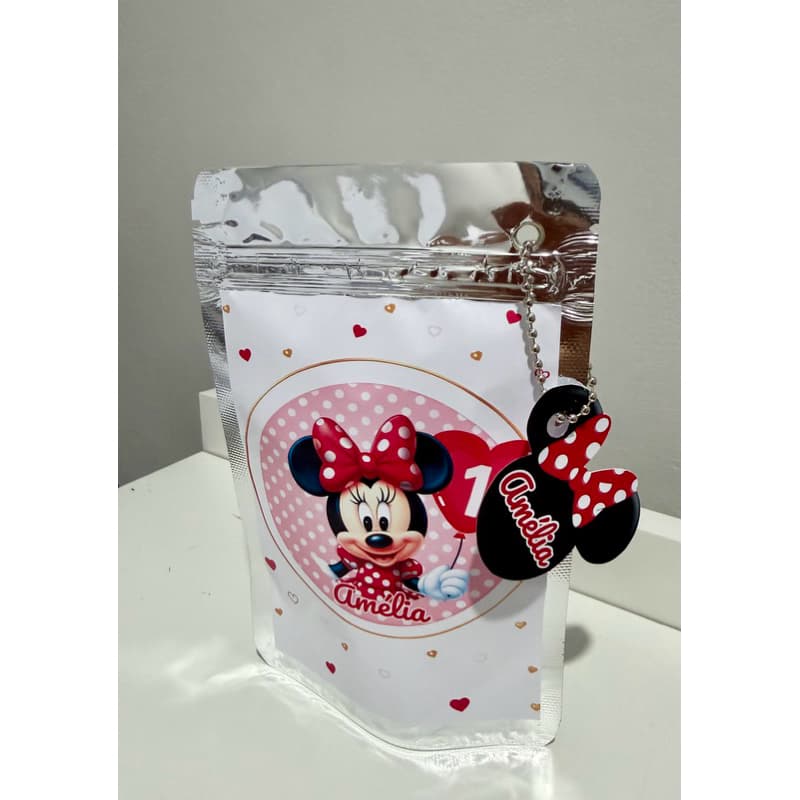 Saquinho Metalizado Personalizado Minnie com Nome + Chaveiro | Lembrancinha Luxo Festa Infantil
