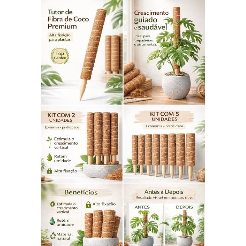 Kit Tutor Fixo 60cm Coco Top Garden Encaixável Suporte Plantas Trepadeiras 2 ou 3 ou 5 un