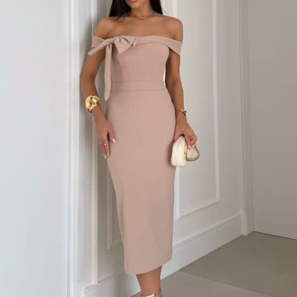 Vestido Midi Feminino Tubinho Tomara Que Caia Ombro A Ombro Confortável Laço Lateral Elegante Nude