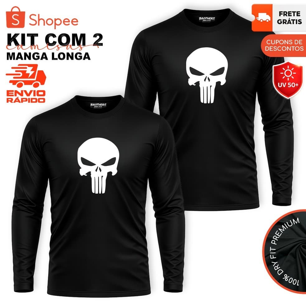 KIT 2 CAMISETAS Manga Longa JUSTICEIRO Dry-Fit Básica Para Esportes MMA Academia LUTADOR Unissex