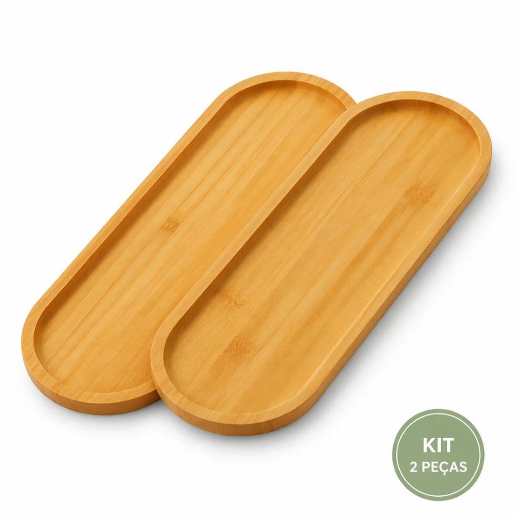 Kit 2 Bandejas Bambu 44cm Oval Tipo Gamela Servir Petiscos Decorar