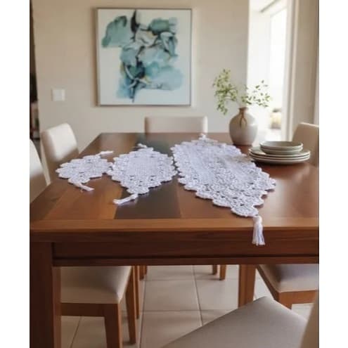 Kit Caminho Trilho De Mesa Crochê 3 Peças Artesanal Cozinha Decoração