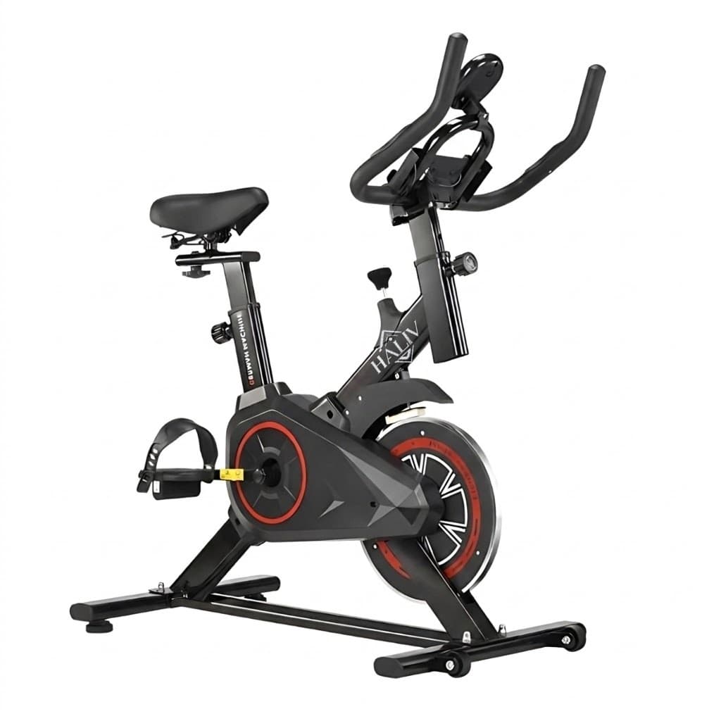 BICICLETA ERGOMÉTRICA, BIKE, ACADEMIA SPINNING PRETA E VERMELHA, EXERCÍCIO, TREINO EM CASA
