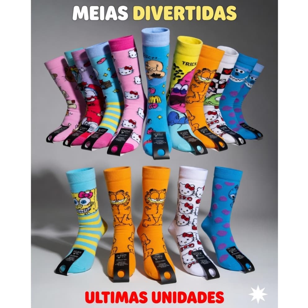 Meia Feminina Divertida Personagens Estampada Cano Médio Algodão Conforto Moda Meia Fashion Tam Único