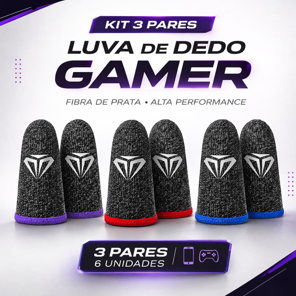 Kit 3 Pares de Luvinha de Dedo Gamer Fibra de PRATA 6 Unidades Jogar FPS  / Free Fire / COD Mobile
