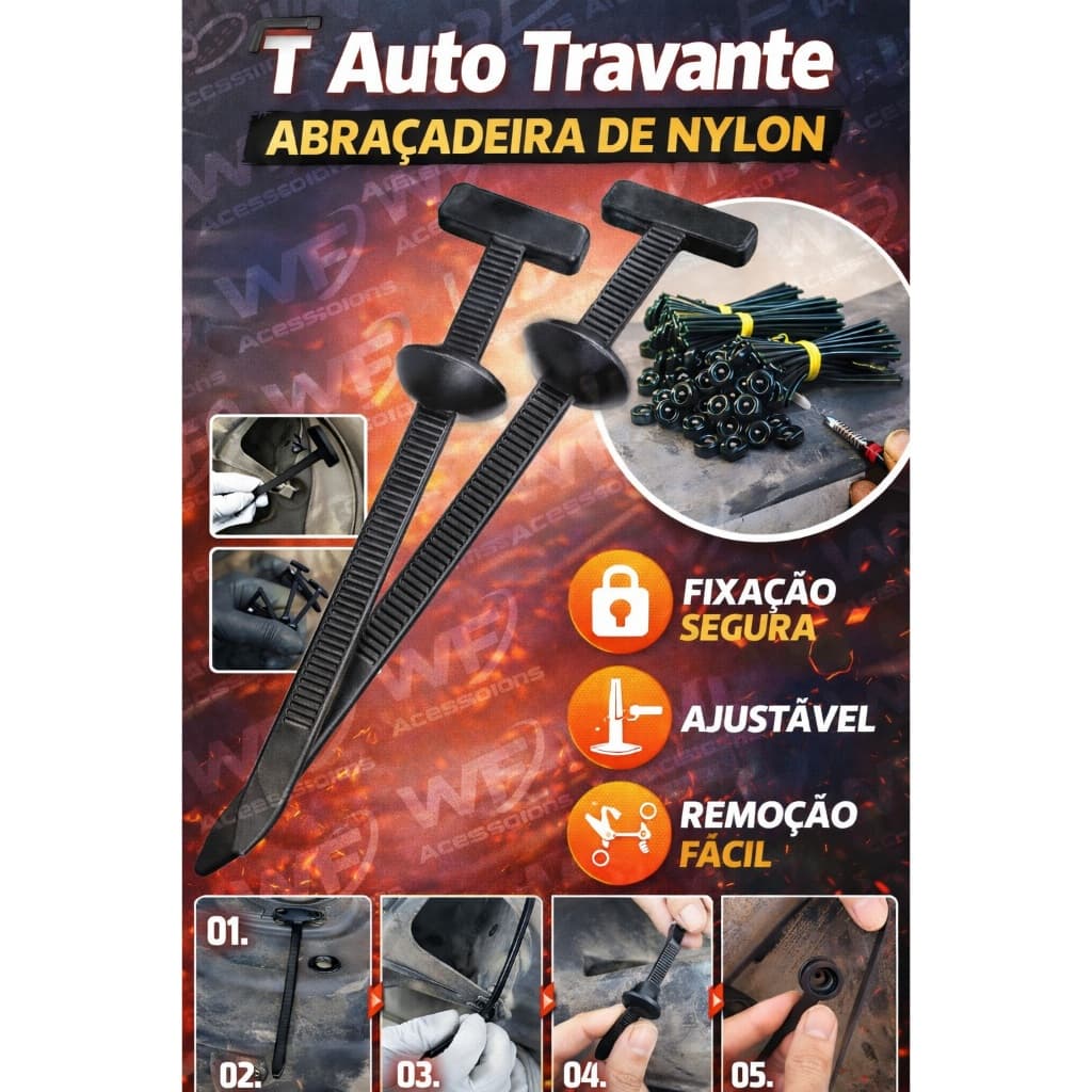 Abraçadeira T Auto Travante Nylon Automotiva Presilha Plástica Universal Fivela Fixador Carro Moto Multiuso