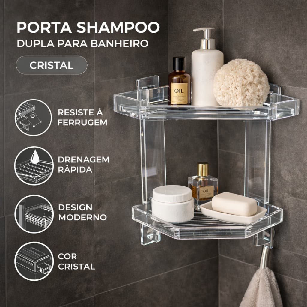 Porta Shampoo Canto Banheiro Kit Suporte Parede Prateleira Box Organizador Sabonete Duplo