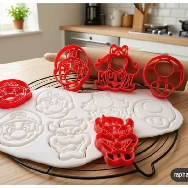 Kit 5 Cortadores Mario Bros Molde Biscoito/Confeitaria 3D Plástico Personagens