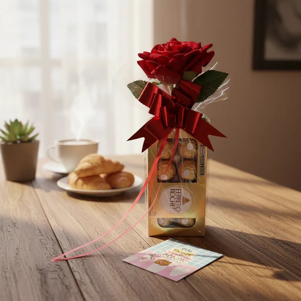 Kit Presente Ferrero Rocher Chocolate Com Rosa E Cartão