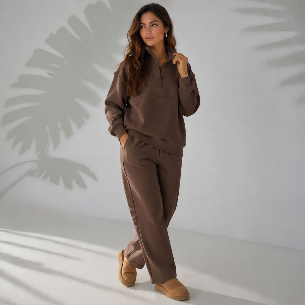 Conjunto Feminino Moletom Premium Blusa Gola Alta Zíper+Calça Reta Conforto Casual Elegante Inverno